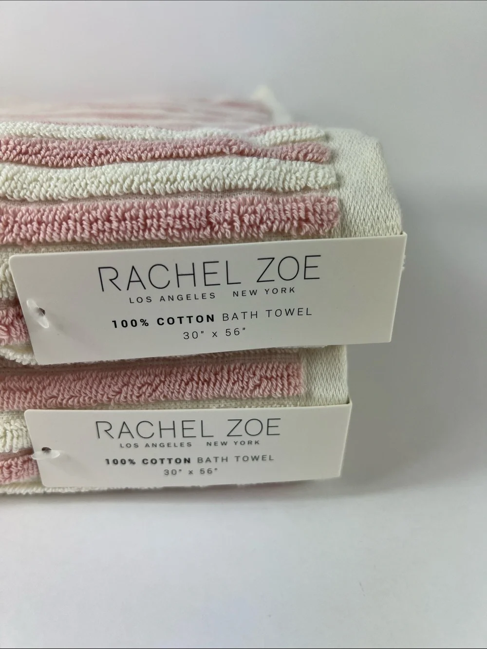 Rachel Zoe Pink and Cream Striped Cotton Bath Towels - Set of 2 NEW